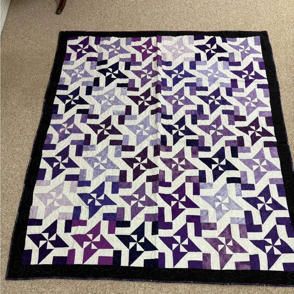 Handmade Purple & White Geometric Quilt 66”X 77” - Picture 2 of 9